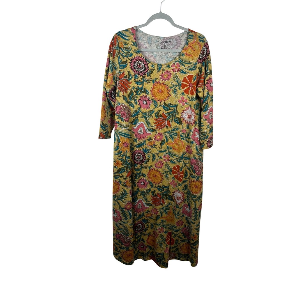 Natural Life Midi Dress Womens Medium Yellow Very Good Floral Boho 3/4 Sleeve